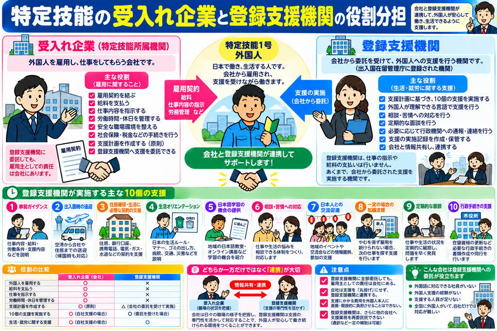 受入れ企業と登録支援機関の役割分担とは?わかりやすく解説! 特定技能の役割分担