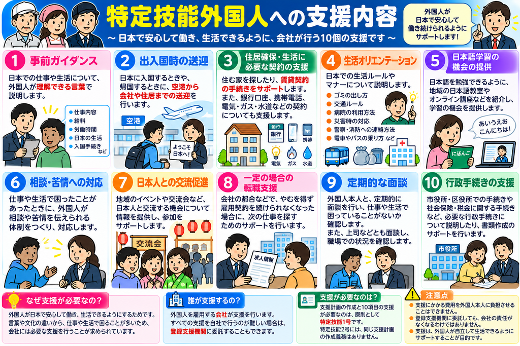 特定技能外国人への支援とは?会社が行う10個の支援をわかりやすく解説! 特定技能外国人支援10項目